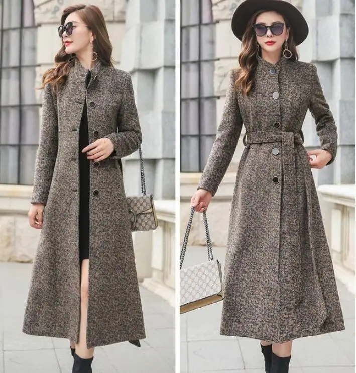 

Long woolen coat women's autumn winter high quality femnale coat blended warm parka elegant office robe ladies coat belt outwear