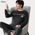 Мужская одежда для сна осень-зима для отдыха с эластичным поясом Хлопковая мужская ночная рубашка с длинным рукавом Топ Длинные брюки Мужской пижамный комплект домашняя одежда