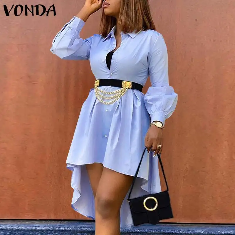 

Office Dress 2021 VONDA Autumn Casual Long Sleeve Irregular Hem Lapel Button Down Shirt Dress Femme Oversized Bohemian Vestido