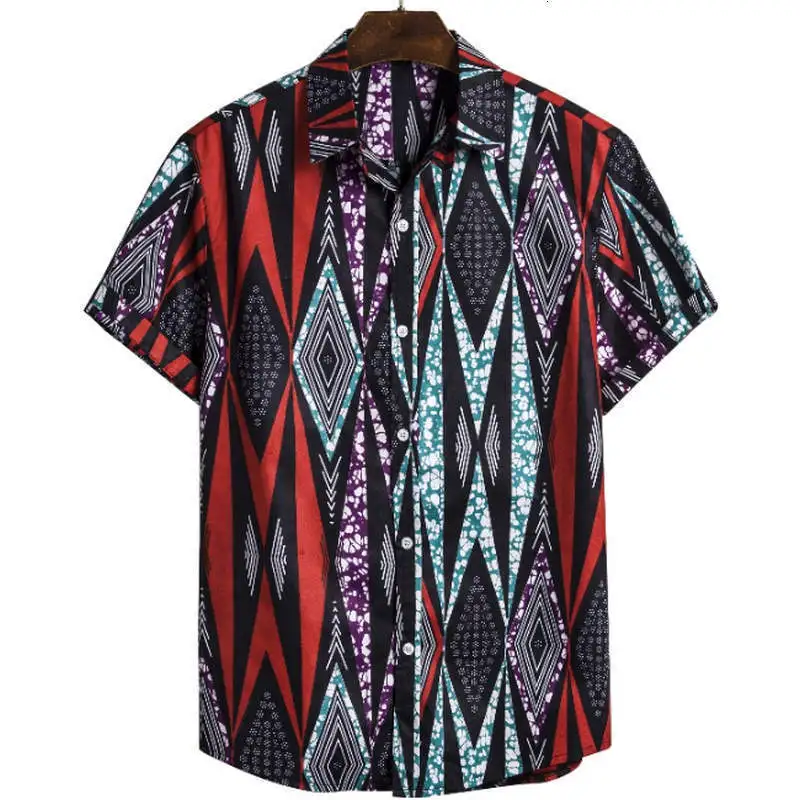 Летняя модная мужская рубашка с коротким рукавом вместительная геометрическим