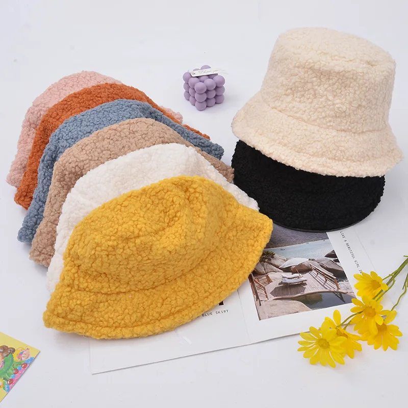 

2021 Unisex Harajuku Bucket Hat Graffiti Solid Women Men Fishing Fisherman Hat Autumn Winter Lamb Wool Outdoor Warm Panama Cap