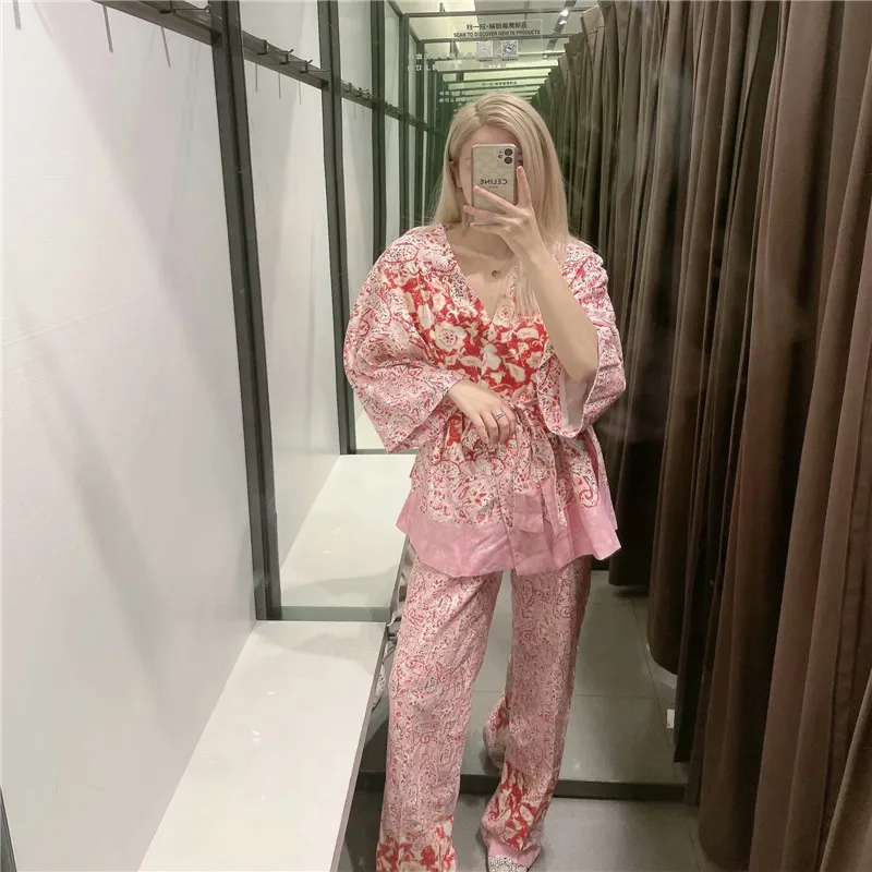 

ZA 2021 Flowers Print Pink Kimono Blouse Women Vintage Long Sleeve Belted Blouses Woman Fashion Side Vents Elegant Summer Shirt