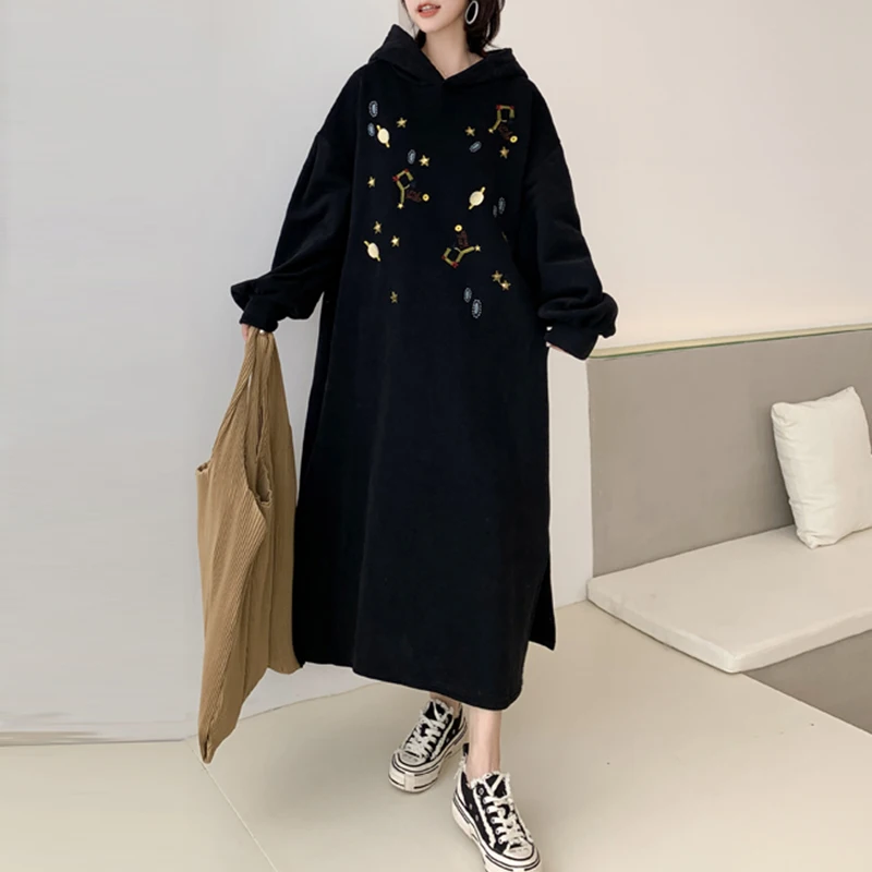 Black Starry Sky Embroidery Hooded Dresses Women Long Sleeve Casual Loose Dress Autumn Winter Warm Side Split Midi Dress