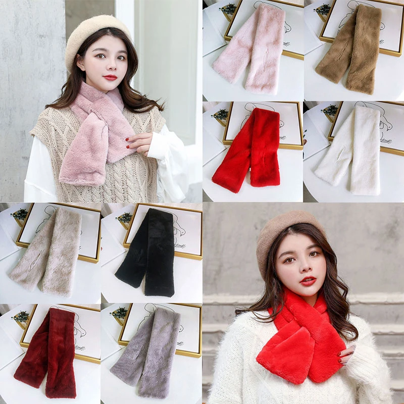 

Women's Clothing Accessories Matching Solid Color Collar Imitation Fur Scarf Plush Cross Bib Scarf Warmer Neckerchief Long Wrap