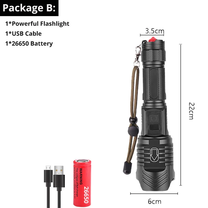 Package B XHP90 светодиодный светильник-вспышка мощный xhp70.2 САМЫЙ МОЩНЫЙ СВЕТИЛЬНИК-вспышка 26650 usb фонарь xhp70 xhp50 фонарь 18650 охотничий Фонарь ручной светильник - Испускаемый цвет: Package B