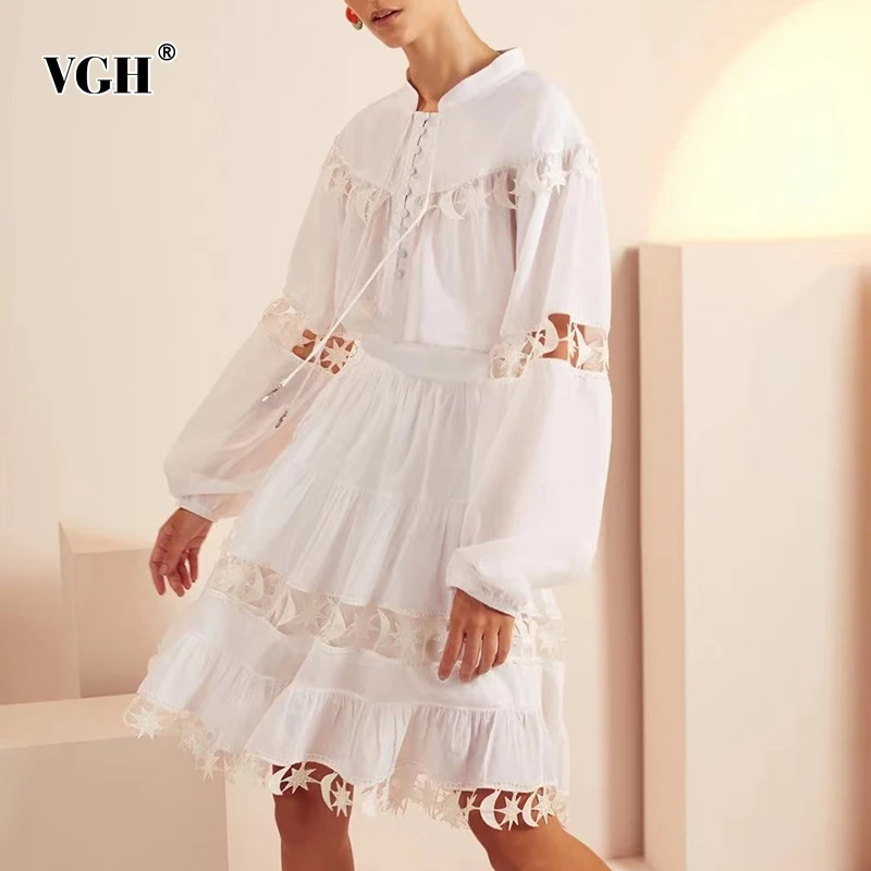 

VGH Hollow Out Two Piece Set For Women Lapel Lantern Long Sleeve Shirt High Waist Midi Skirt Elegant Sets Female 2021 Spring New