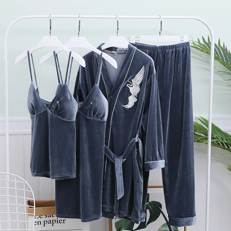 

Women Sleepwear Soft Velour Nightwear Loose Sleep Suit Sexy 4PCS Pajamas Set Lougne Robe Gown Casual Burgundy Strap Top&Pants