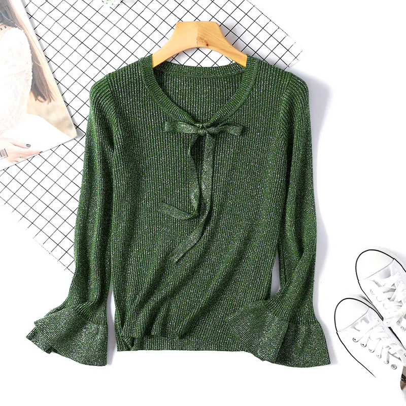 Женский Блестящий облегающий свитер с люрексом вязаный на шнуровке бантом и