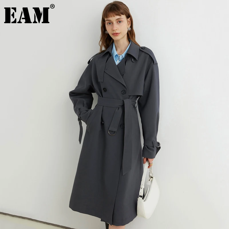 

[EAM] Women Gray Bandage Big Size Long Trench New Lapel Long Sleeve Loose Fit Windbreaker Fashion Spring Autumn 2021 1DE2120