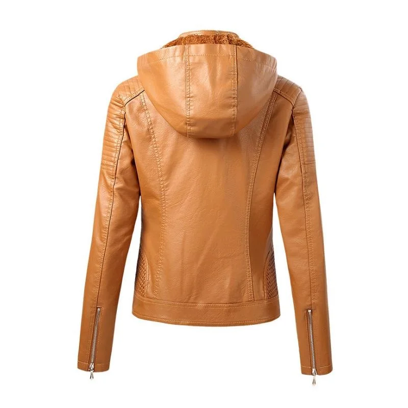 

2021 New Faux Pu Leather Jackets Women Hooded Outerwear Pockets Zipper Coat Slim Biker Jacket Blue Red Womens Clothing