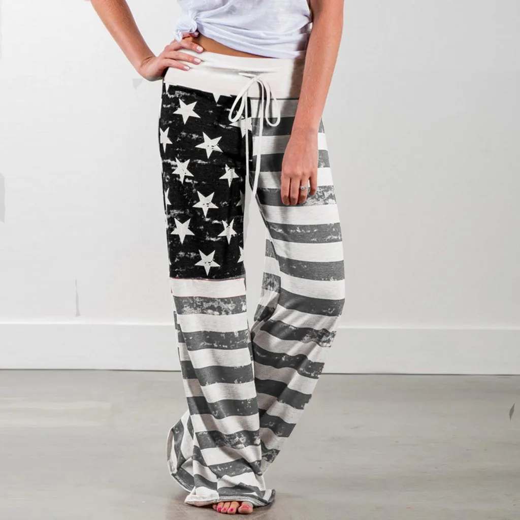 Женские брюки с цветочным принтом изображением американского флага шнурок