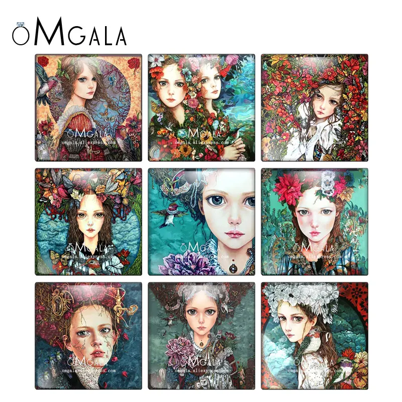 

Beautiful Girls with Flowers Art Paintings 10pcs Mixed 12mm/20mm/25mm/30mm photo glass cabochon demo flat back Making findings