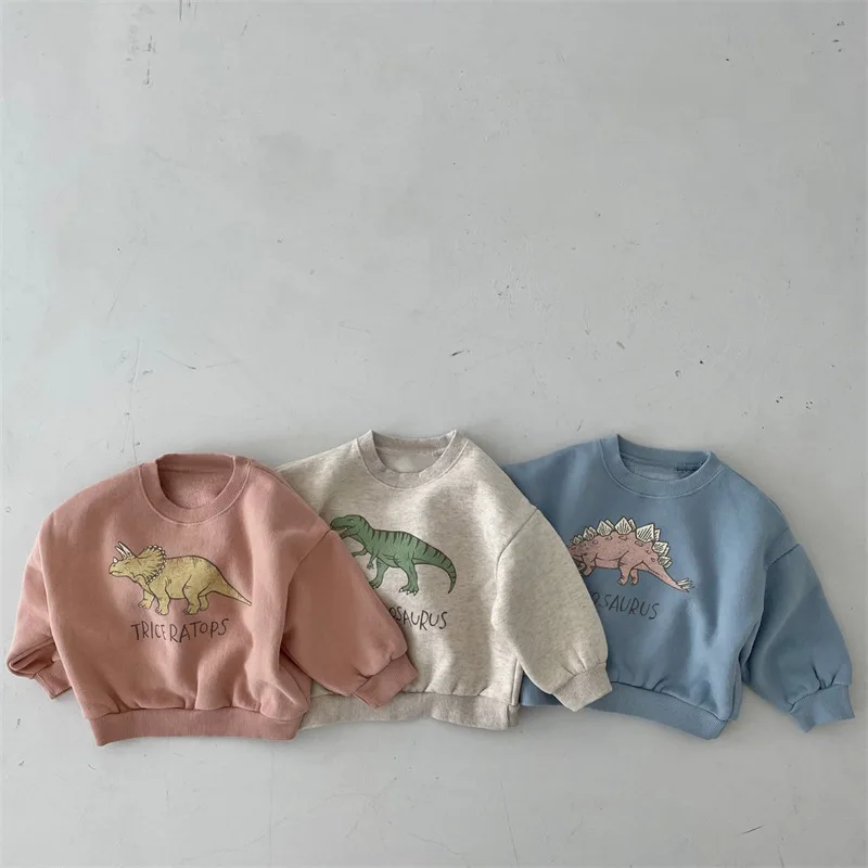 Autumn Kids Hoodies Cool Dinosaur Plus Fleece Children Pullover Comfortable Sweatshirt