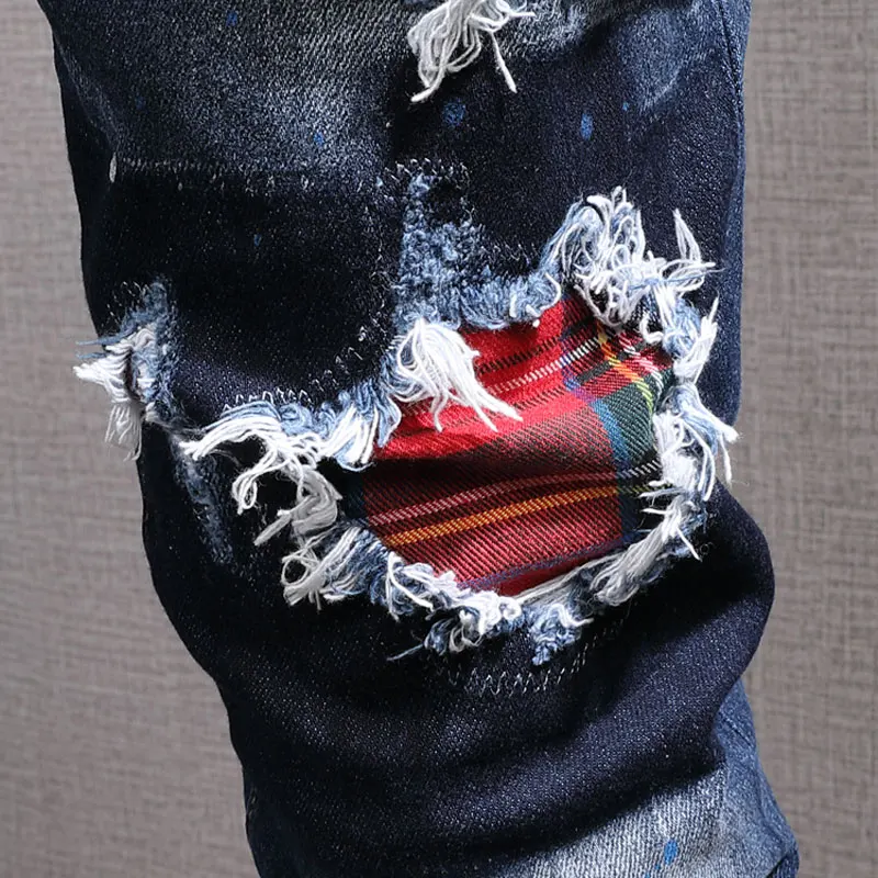 European Street Fashion Men Jeans Retro Blue Slim Fit Ripped Jeans Men England Style Patches Designer Hip Hop Denim Punk Pants