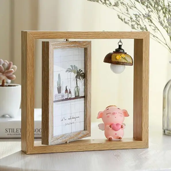 Креативный подарок Фоторамка двойная Вращающаяся фоторамка - Цвет: Lamp -Pink pig