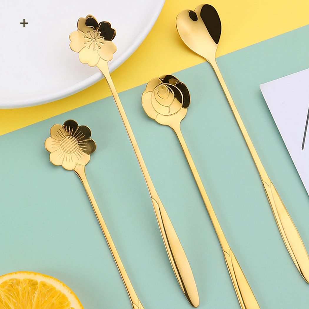 

8PCS Stainless Steel Gold Flower Scoop Dessert Spoon Cute Creative Flower Heart Shape Mixing Spoon Stirring Spoon Coffeeware