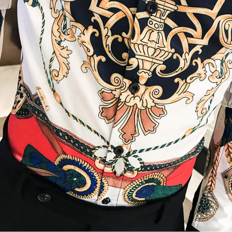 Мужские деловые рубашки с принтом в стиле барокко облегающие вечерние Camisa Homem