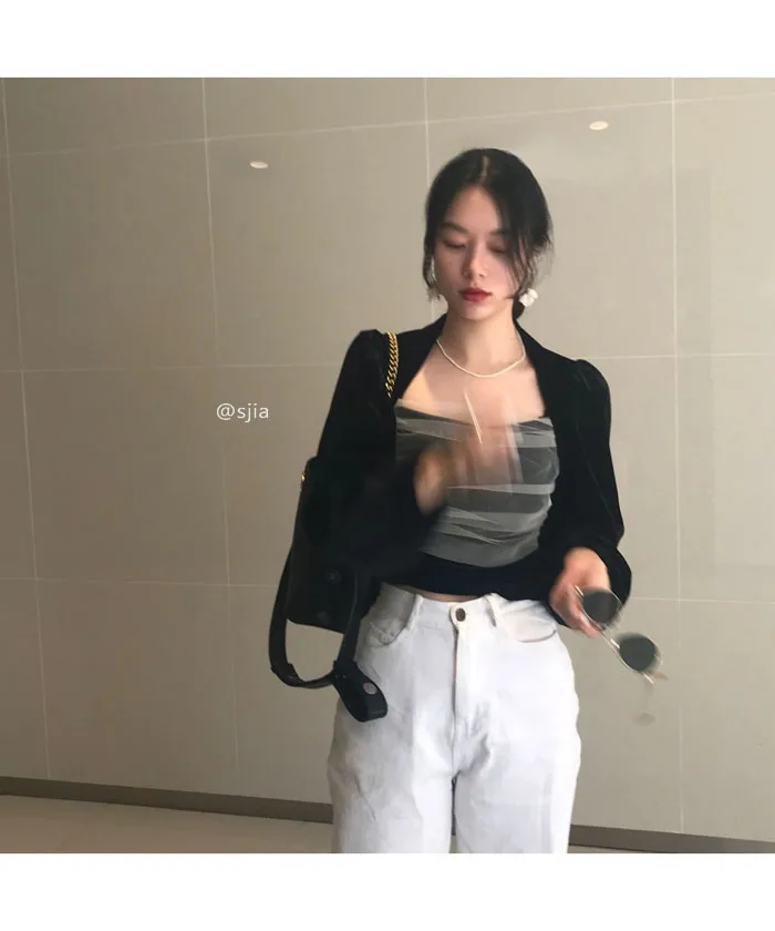 

Chic Velvet Black Shirts Fashion Brand Blouse Lace Up Mesh Elegant Ladies Tops Spring Autumn Square Style Collar Crop Top New