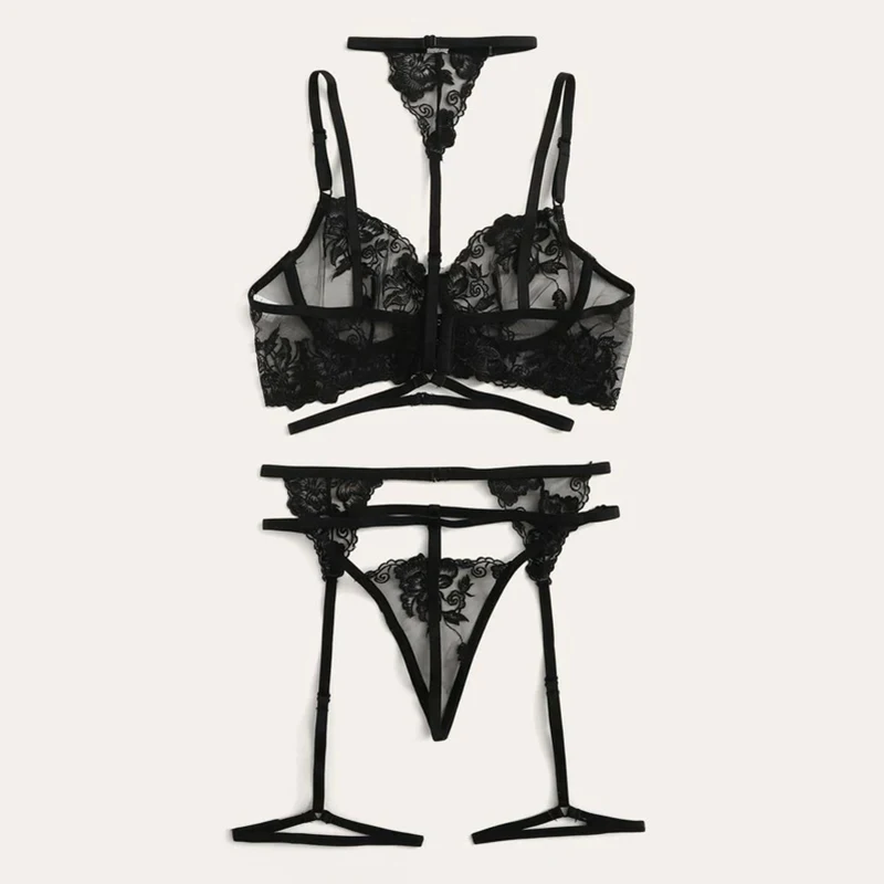 

woman Flower Lace Underwire Garter and Thong Sexy Bra Ultrathin Underwear Set Transparent Bra Set Embroidery Lingerie Brassiere