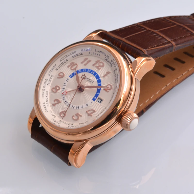 Часы мужские механические с кожаным ремешком и двумя часовыми поясами 43