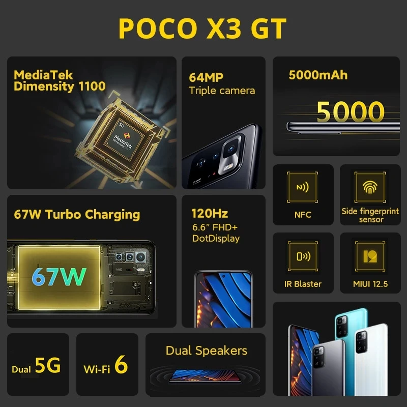 global version poco x3 gt 5g 8gb 128gb256gb nfc smartphone mtk 1100 67w turbo charging 6 6 120hz 5000mah 64mp triple camera free global shipping