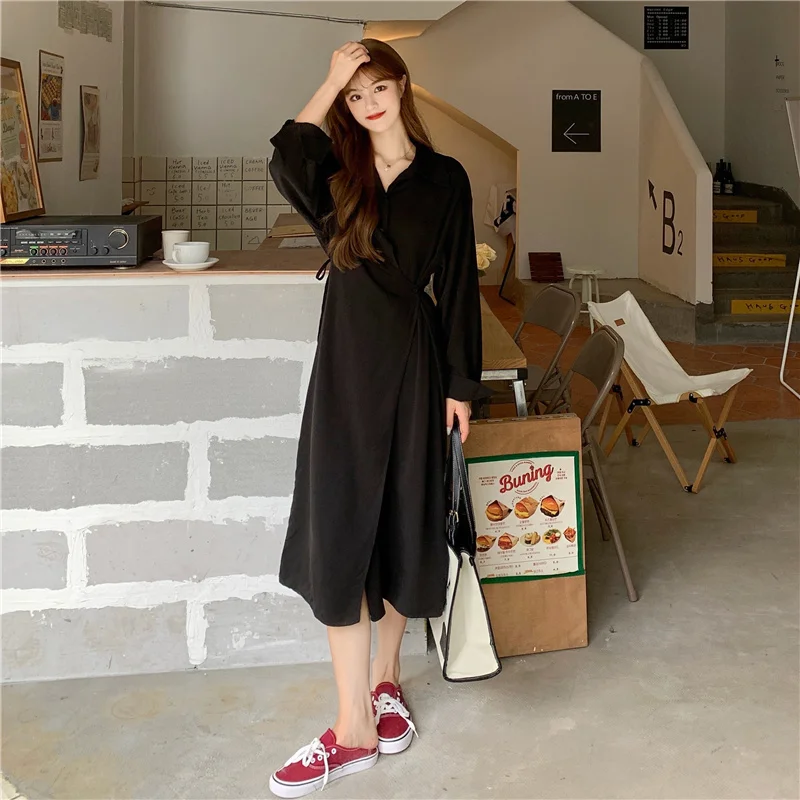 

Женское платье-рубашка с длинным рукавом, тонкая элегантная длинная юбка во французском стиле с завышенной талией, Осень-зима 2021