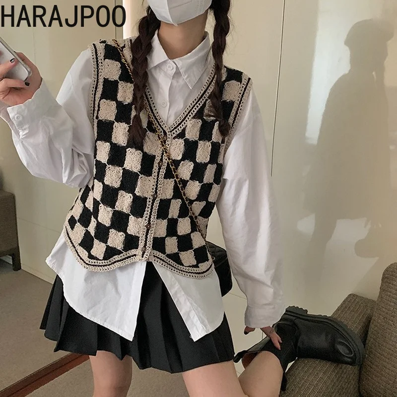 

Harajpoo Female Waistcoat Checkerboard Lattice Vest Women Spring Fall 2021 New Vintage V Neck Sleeveless Sweater Y2k Tank Top