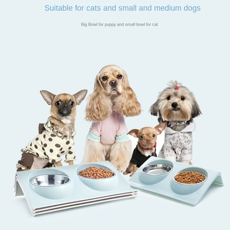 

Pet tilting stainless steel dog double bowl cat bowl food bowl drinking water feeding bowl neck protection plate pet supplies