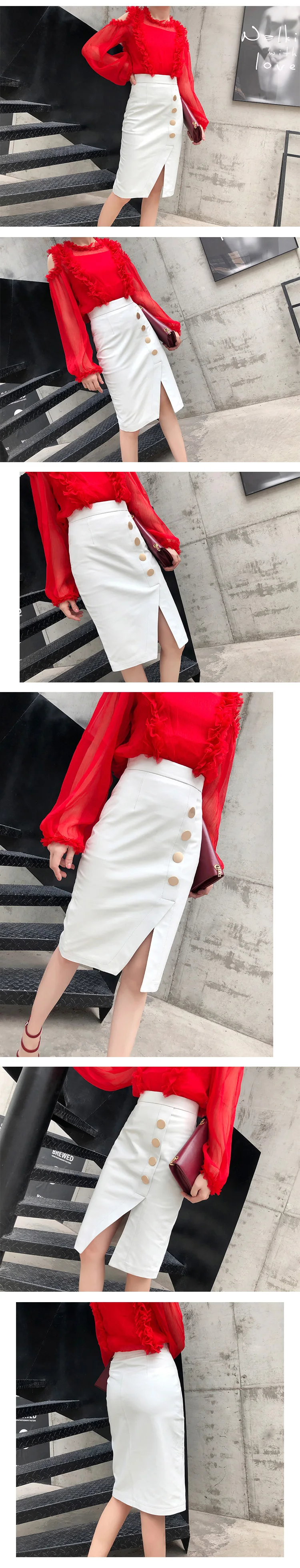 Faldas Mujer Moda зимние женские из натуральной кожи простые золотые пуговицы длинная юбка миди Femme Slit Jupe черный/белый Saias