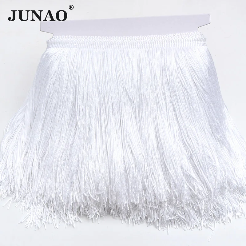 White JUNAO двойная линия! 20 см длинные Orang цвет Chinlon бахрома кисточка кружевная отделка Лента шитье латинское платье сценическая одежда занавес 10 метров - Цвет: White