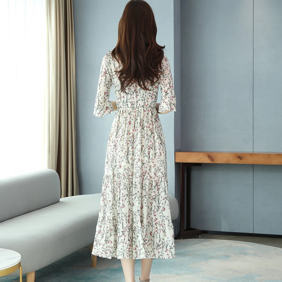 

2021 White Floral Chiffon Midi Dresses Spring Summer Print Plus Size Vintage Runway Dresses Women Bodycon Party Classy Vestidos