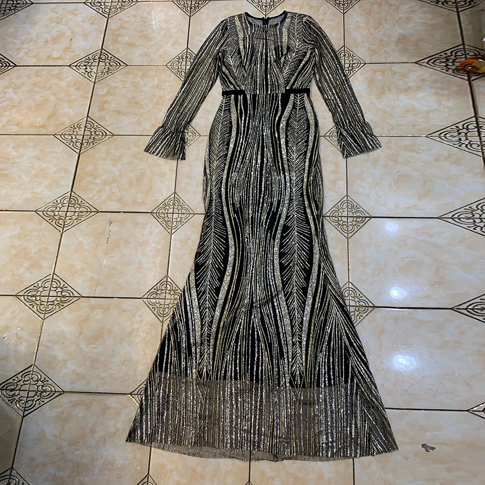 

High Quality Elegant Women'S Long Dress Vestidos Sexy O-Neck Flared Sleeve Sequined Bodycon Club Evening Party Dress 2021 Spring