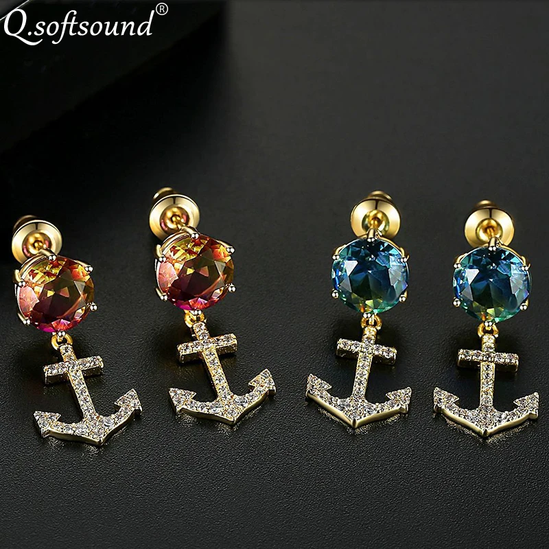 Новые цветные циркониевые серьги-гвоздики в форме якоря золотого цвета для