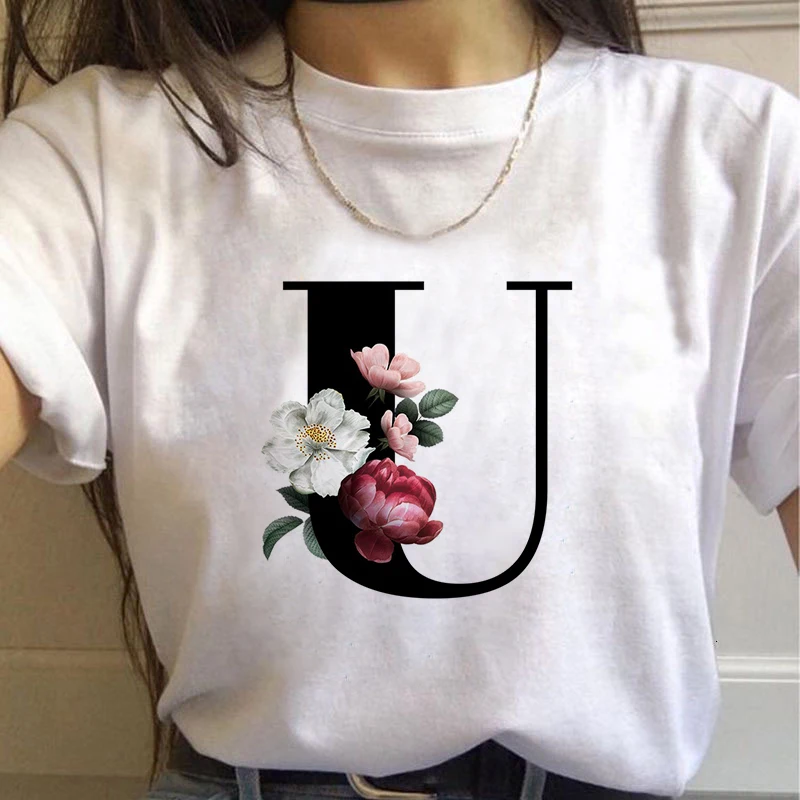 

2021 Summer New Vogue 26 Alphabet Letter with Flowers Women T-Shirt Harajuku Casual White Tops Casual Female T-Shirt