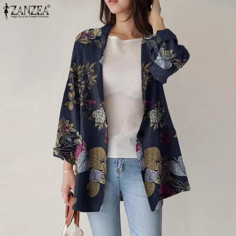 

ZANZEA Floral Print Lapel Cardigan 2021 Autumn Vintage Loose Blazer Casual Office Lady Long Sleeve Outwears Fashion Womens Coats