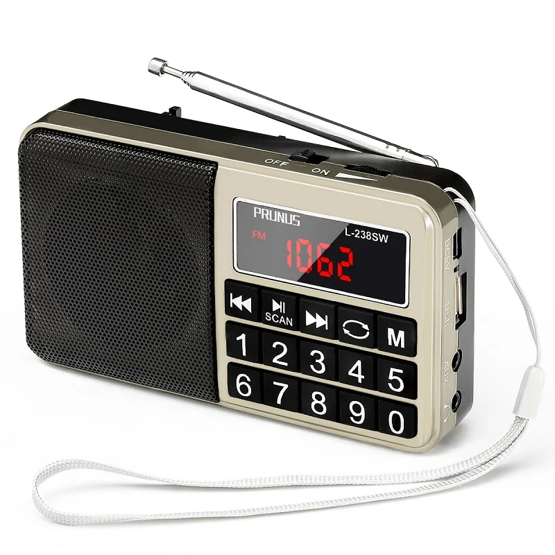 Gold PRUNUS L-238 мини fm-радио Портативный радиоприемник с динамиком USB зарядка радио Поддержка FM/AM/AUX/TF карта аварийный фонарик - Цвет: Gold