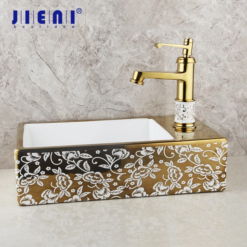 

JIENI New Golden Ceramic Washbasin Vessel Lavatory Basin Bathroom Sink Bath Combine Brass Faucet Mixers & Taps Deck Mounted