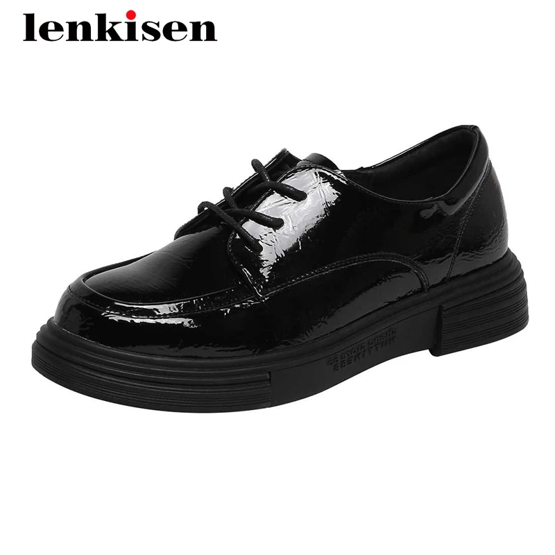 

Lenkisen preppy style cow split leather high quality round toe thick med heel lace up daily wear classics mature women pumps L35