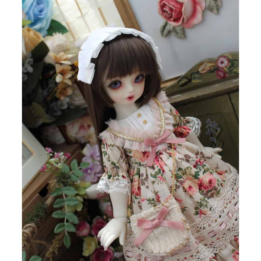 

Pink Floral Printed Dress For 1/6 BJD Dolls Diy Beautiful Dolls Accessories Girls Gift With Headwear - No Doll