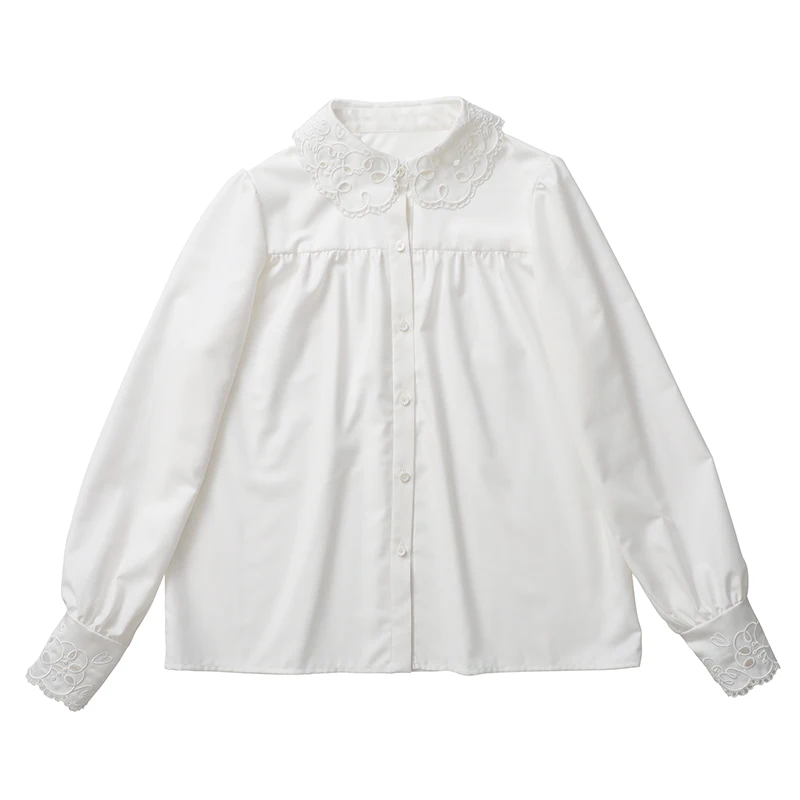 

LYNETTE'S CHINOISERIE Spring Autumn Women All-match Vintage Hollow Out Embroidery White Shirts/Blouses