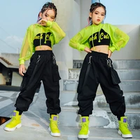 new jazz costume hip hop girls clothing green tops net sleeve black hip hop pants for kids performance modern dancing clothes