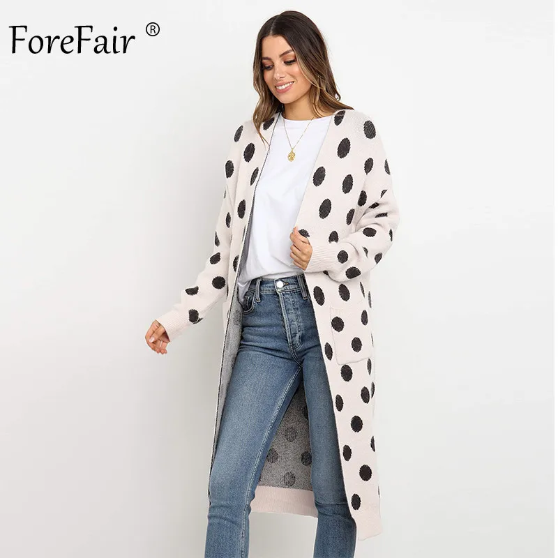 Forefair, повседневный длинный кардиган в горошек, женский, с карманами, Вязанная одежда, мода, Осень-зима, вязанный, размера плюс, женский свитер - Цвет: White Cardigan