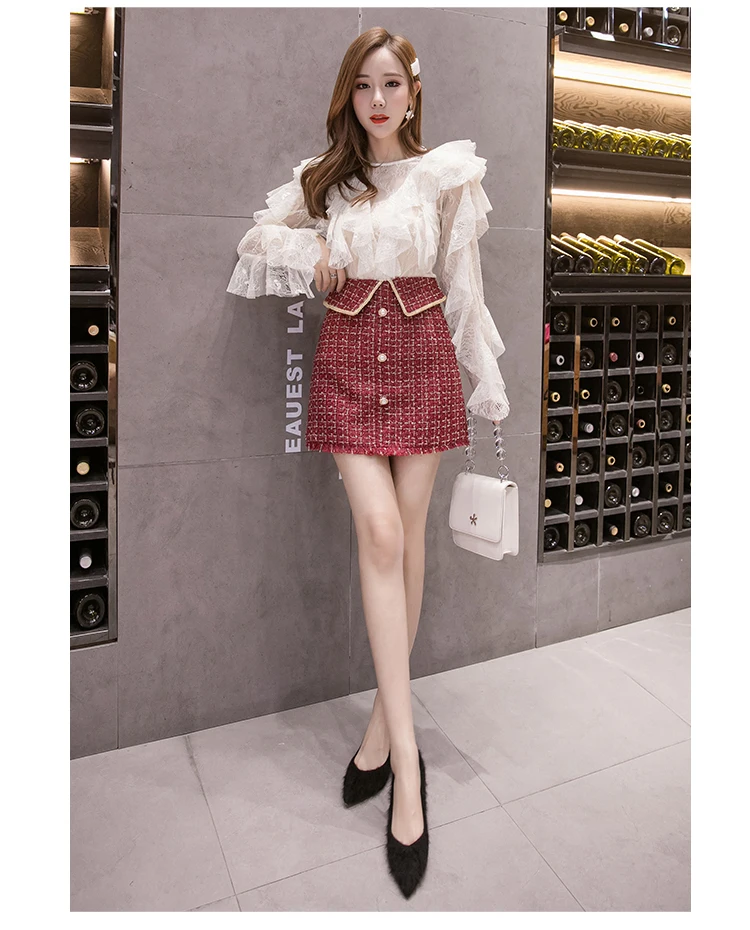 SMTHMA Winter tweed tassel skirts women high waist plaid black women's skirt korean chic mini short skirt faldas mujer moda