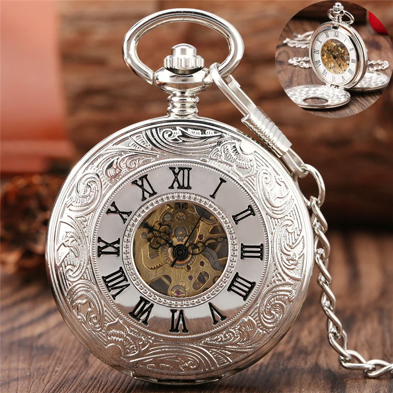Steampunk Silver Handwinding Mechanical Pocket Watch for Men Women Double Hunter Roman Number Dial Pendant Necklace Chain Reloj