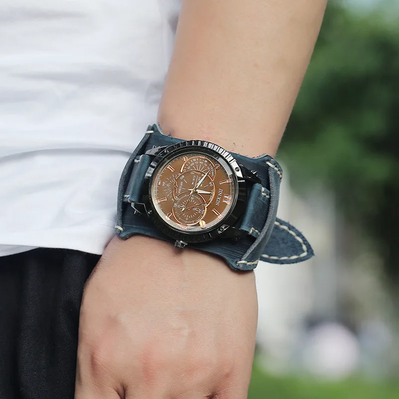 

Jessinsghow New Fashion Mens Watches Luxury Big Dial Quartz Lovers Watch Wide Leather Punk Bracelet Sport Watch Men Gift