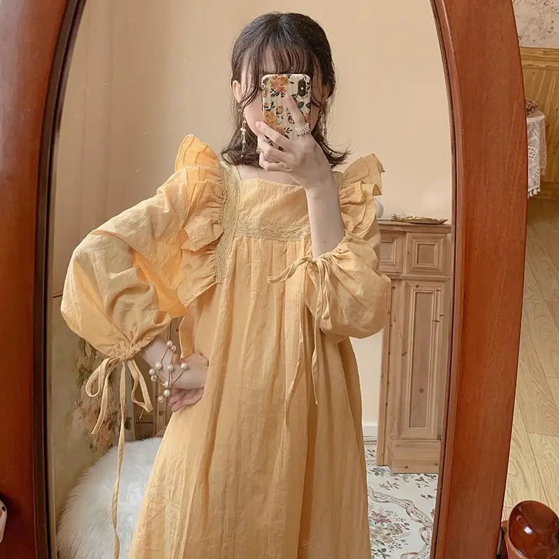 Autumn Fairy Kawaii Dress Women Long Sleeve Yellow Elegant Party Midi Female Casual Korean High Waist Designer 2021 | Женская одежда