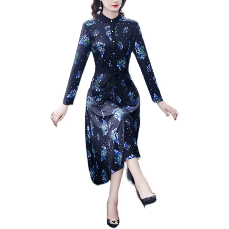 

COIGARSAM 4XL Plus Size Full Sleeve Women dress New Spring Floral Print Stand Neck High Waist Dresses 1536