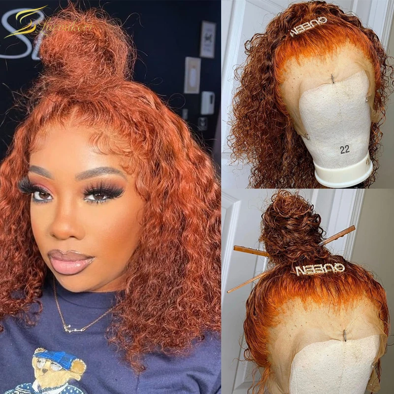

Orange Ginger Color Deep Wave Frontal Wig Short Bob Curly Water Wave Lace Front Human Hair Wigs For Women Preplucked Pixie Cut