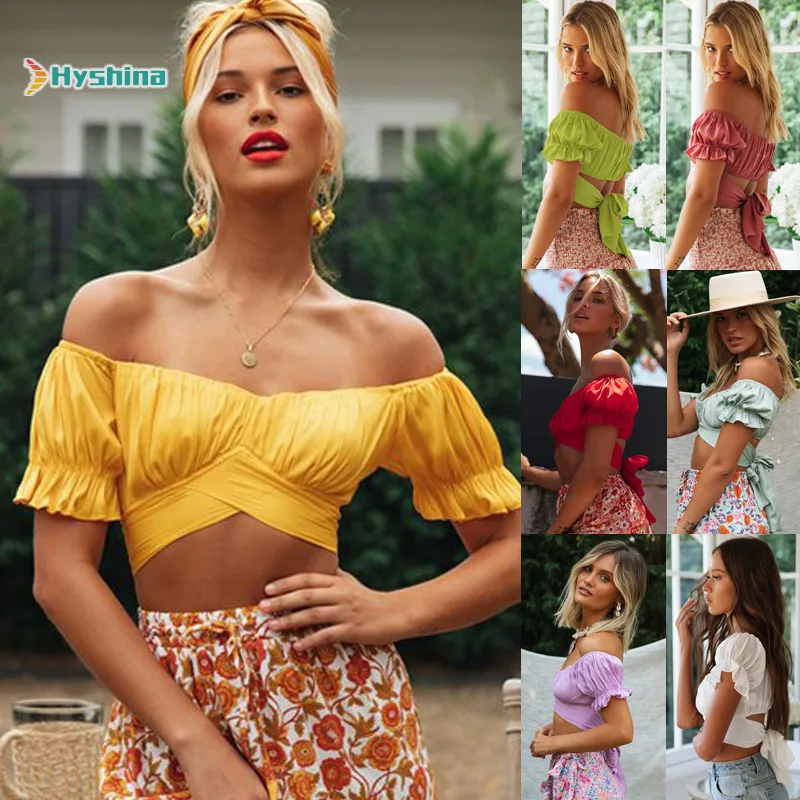 

Spring and Summer New Lantern Short Sleeve T-shitr Square V-neck Navel Back Lace Up Pleated Solid Top