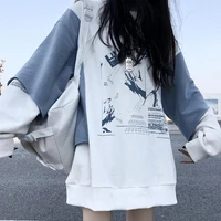 houzhou autumn 2021 new harajuku hoodies women o neck oversized long sleeve korean fashion pullovers patchwork loose streetwear